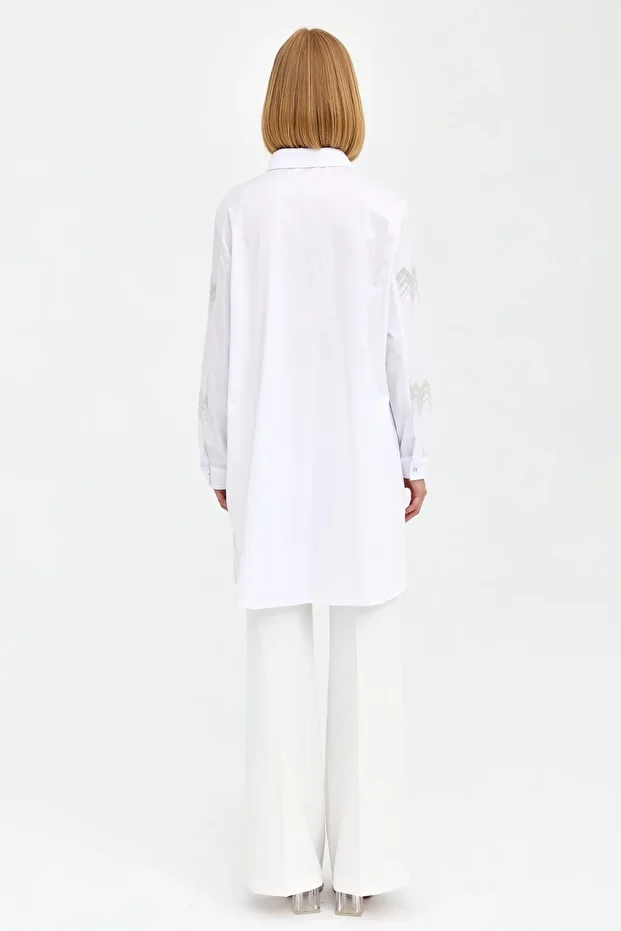 Rahat Kalıp Kolu Nakışlı Pamuk Tunik Ekru - 8