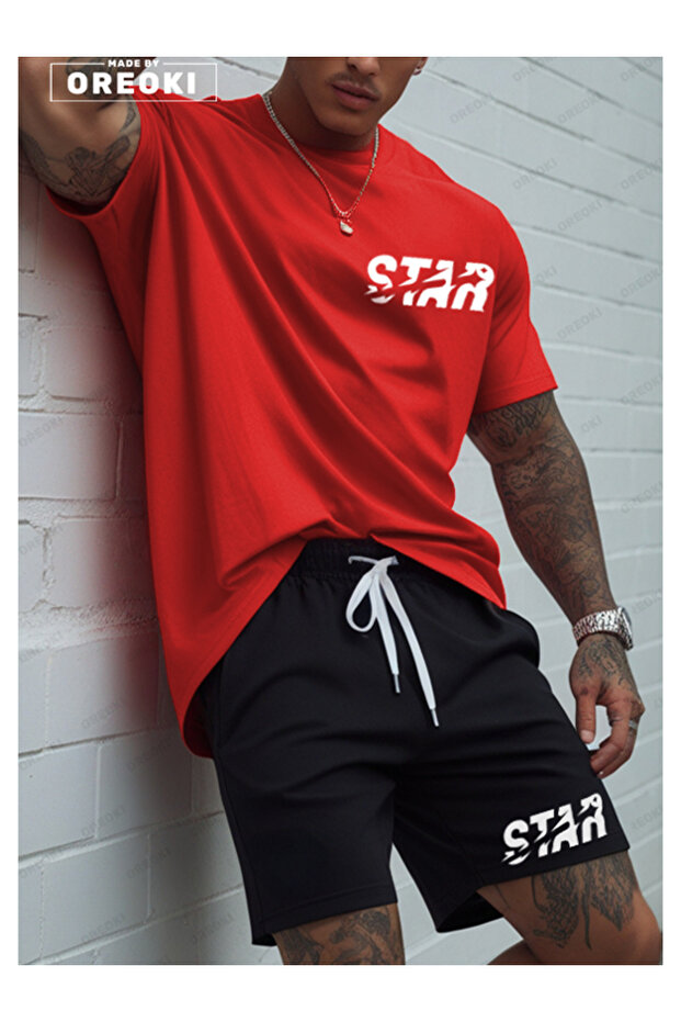 Star Printed Cotton Fabric Men's Red T-Shirt-Black Shorts Set