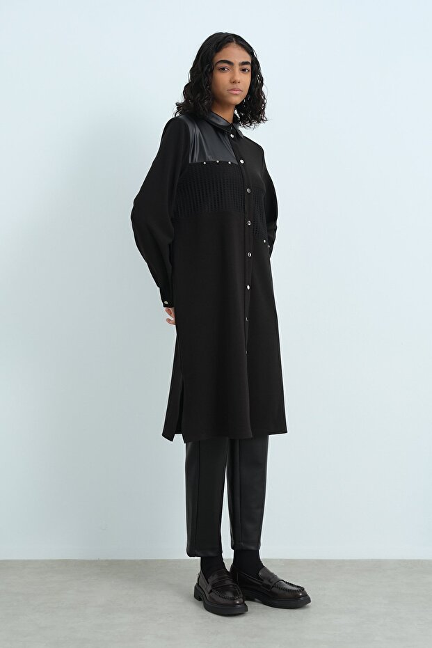 Deri Garnili Gömlek Yaka Örme Tunik Siyah - 2