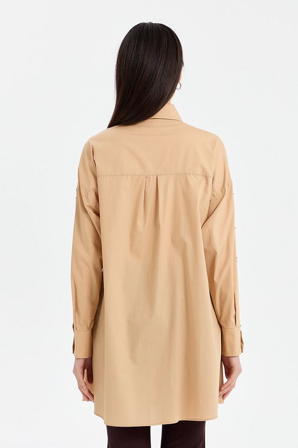 Kolları Düğmeli Açılımlı Poplin Gömlek Tunik Camel - 8