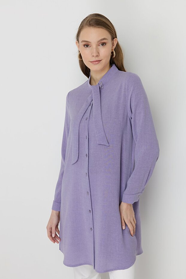 Yakası Bağlamalı Basic Tunik Lila - 3