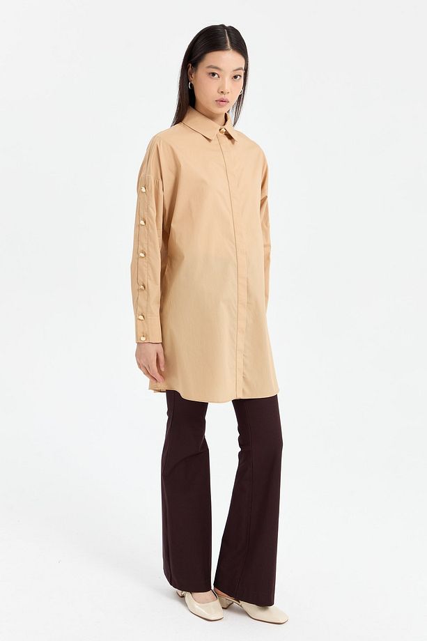 Kolları Düğmeli Açılımlı Poplin Gömlek Tunik Camel - 2