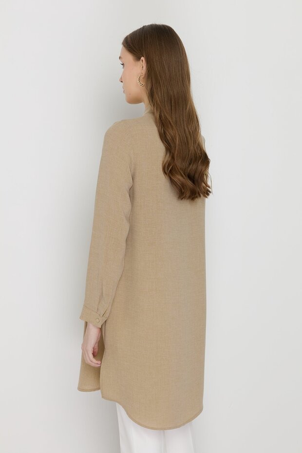 Yakası Bağlamalı Basic Tunik Bej - 4