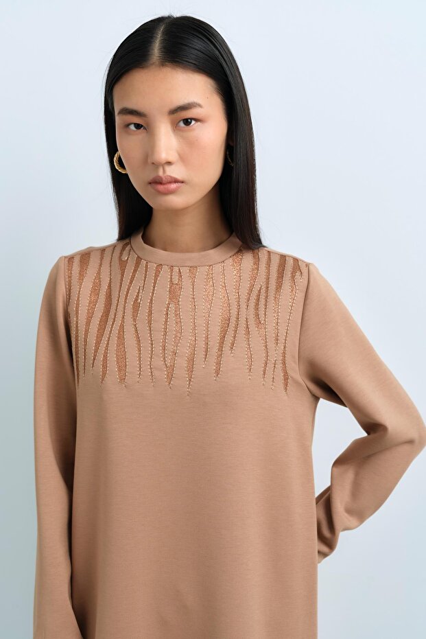 Sim Kumaşlı Zebra Desen Örme Tunik Camel - 3