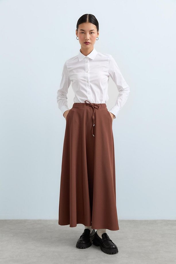 Beli Bağcıklı Basic Örme Etek Kahve - 3