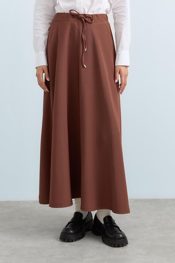 Beli Bağcıklı Basic Örme Etek Kahve - 2
