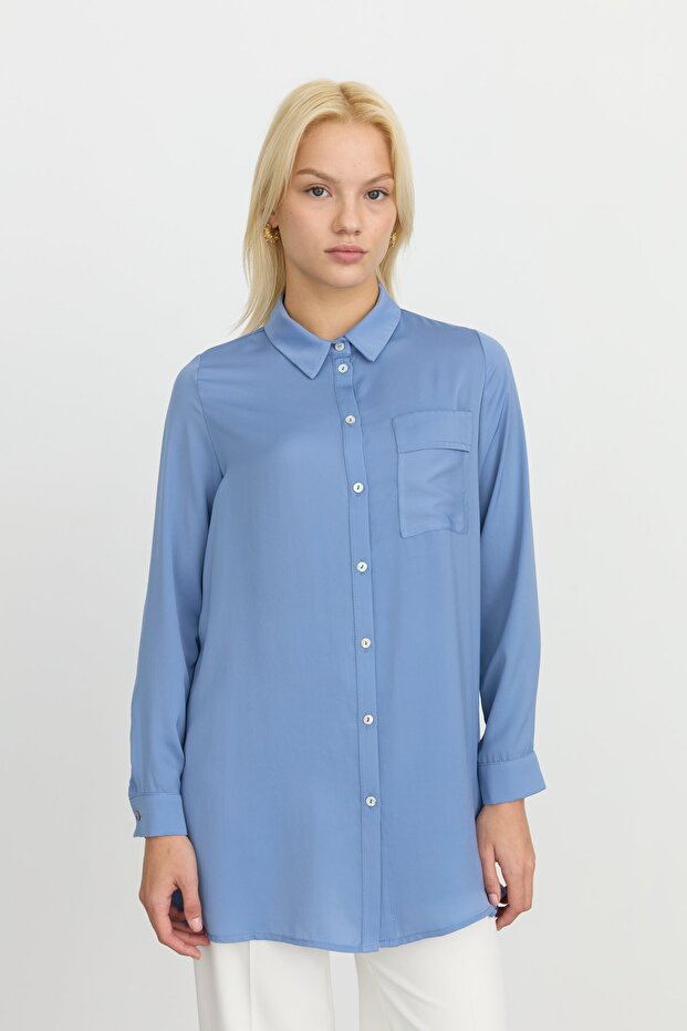 Gömlek Yaka Tunik Mavi - 4