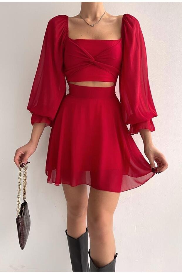 Bustier and Skirt Look Lined Chiffon Fabric One Piece Red Evening Dress 013