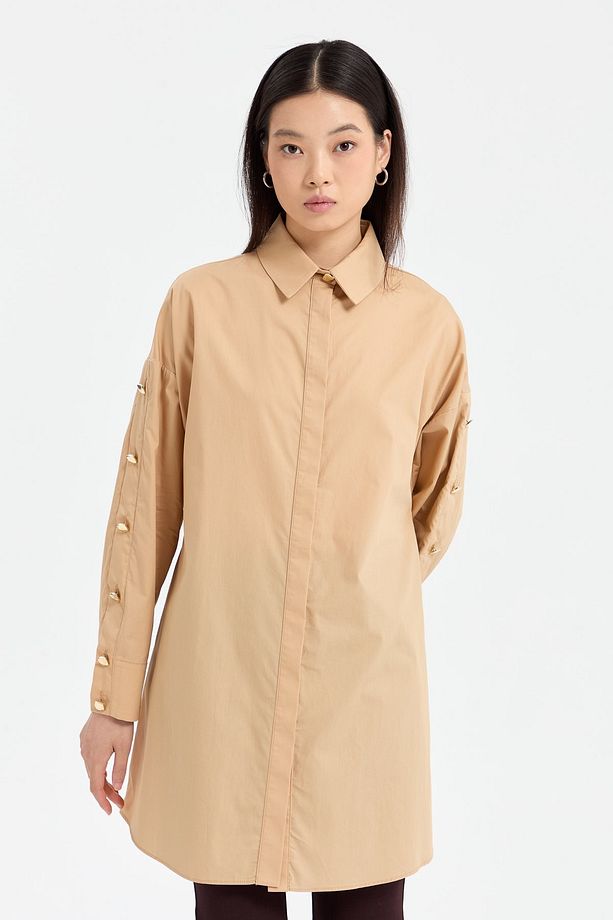 Kolları Düğmeli Açılımlı Poplin Gömlek Tunik Camel - 4