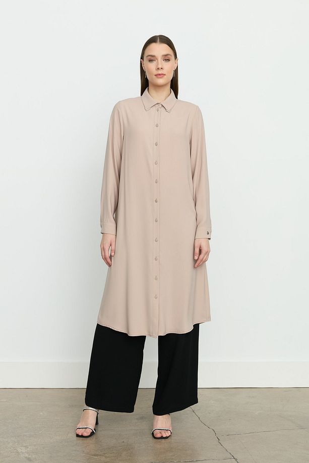Gömlek Yaka Basic Tunik Bej - 1