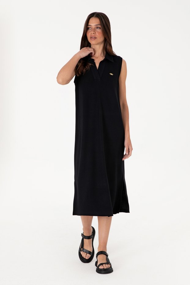 Women's Black Polo Neck Midi Length Knitted Dress 50300674-Vr046