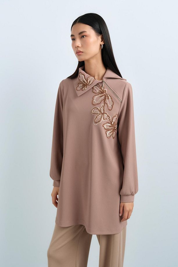 Nakış İşlemeli Örme Tunik Vizon - 3
