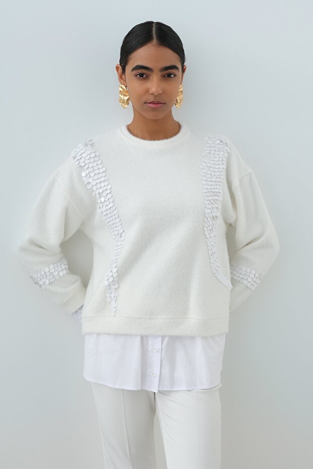 Pullu Gömlek Garni Angora Tunik Ekru - 6