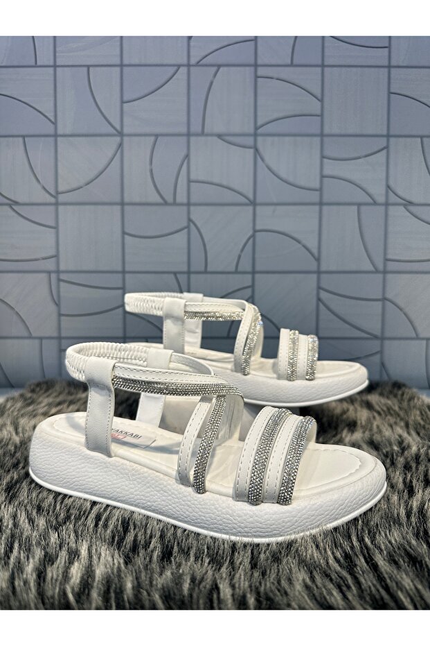 Castle 35175 White Single Strap Detail Stone Orthopedic Sandal Shoes with Elastic Back