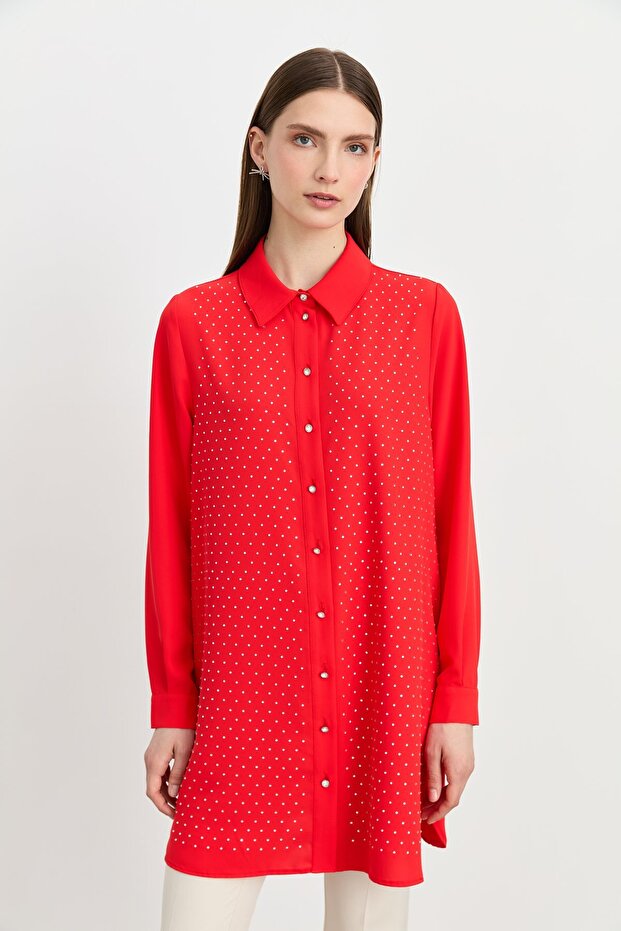 Shirt Collar Stoned Stylish Tunic Coral