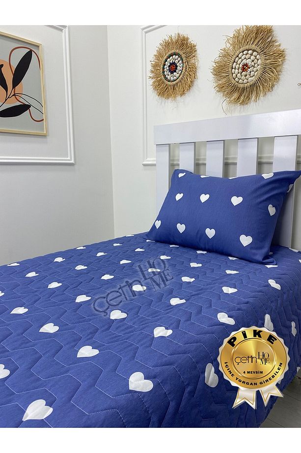 Çetinhome Tek Kişilik Kapitone Pike Seti 4 Mevsim Blue Kalp - 3