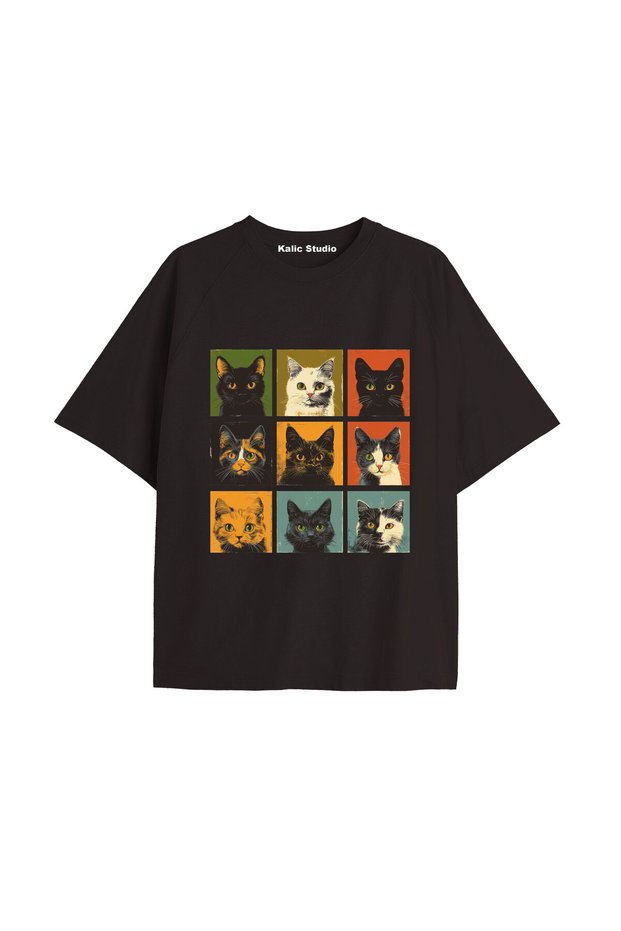 Y2K Vintage Cats Printed Black T-Shirt Code 32