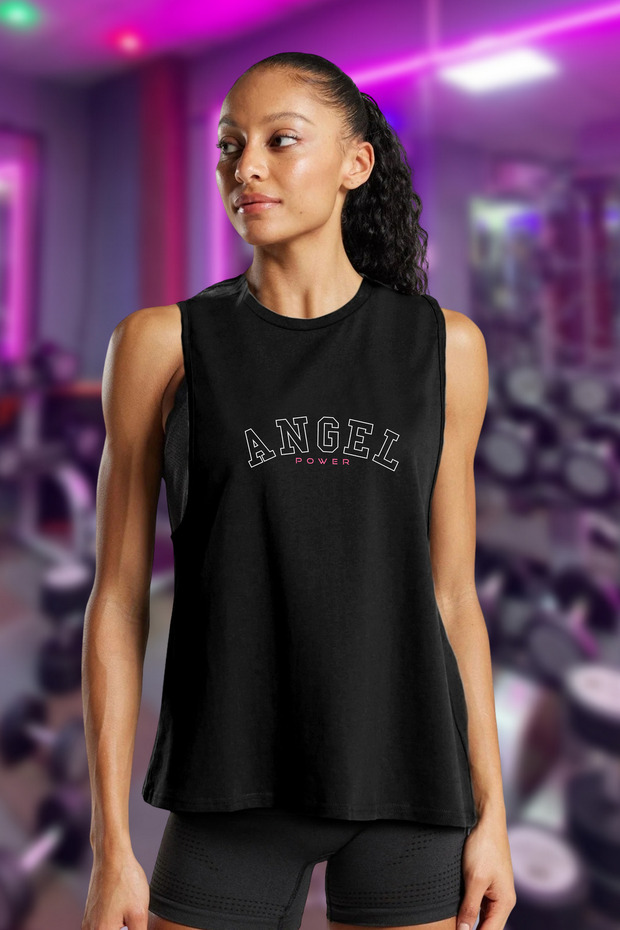 Black Printed Sports Tank Top Crew Neck Cotton Sleeveless Tank Top Angel Power
