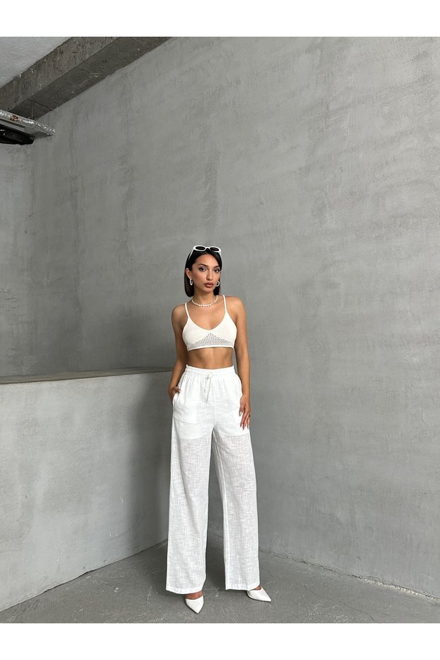 Waist Tie Detailed Linen Trousers Misspnt2669