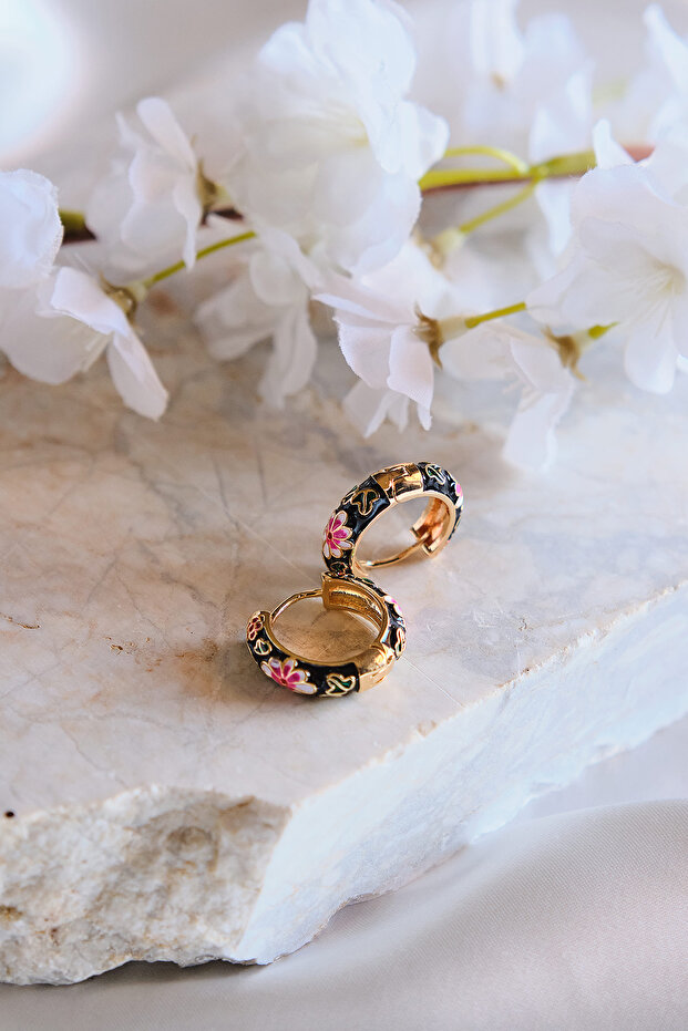 Daisy Blue Black Pink Enamel Hoop Steel Earrings