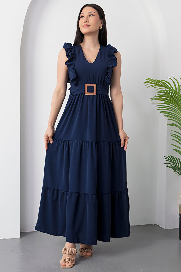 V Yaka Tokalı Kemerli Elbise DKS1296 - 1