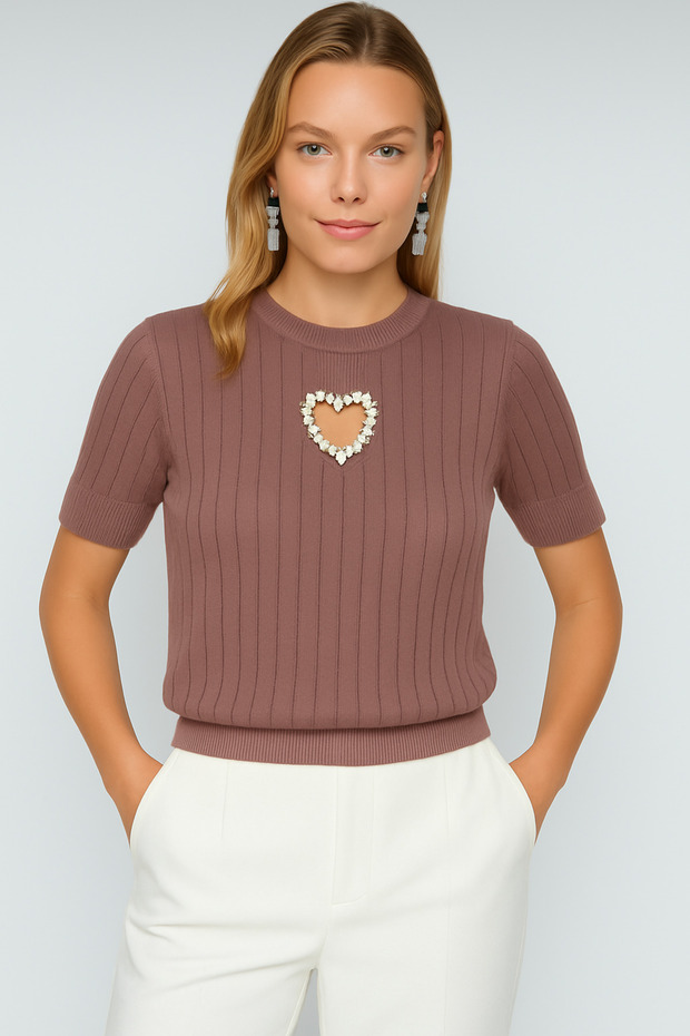 Crew Neck Heart Embroidered Stylish Knitwear Women's T-Shirt