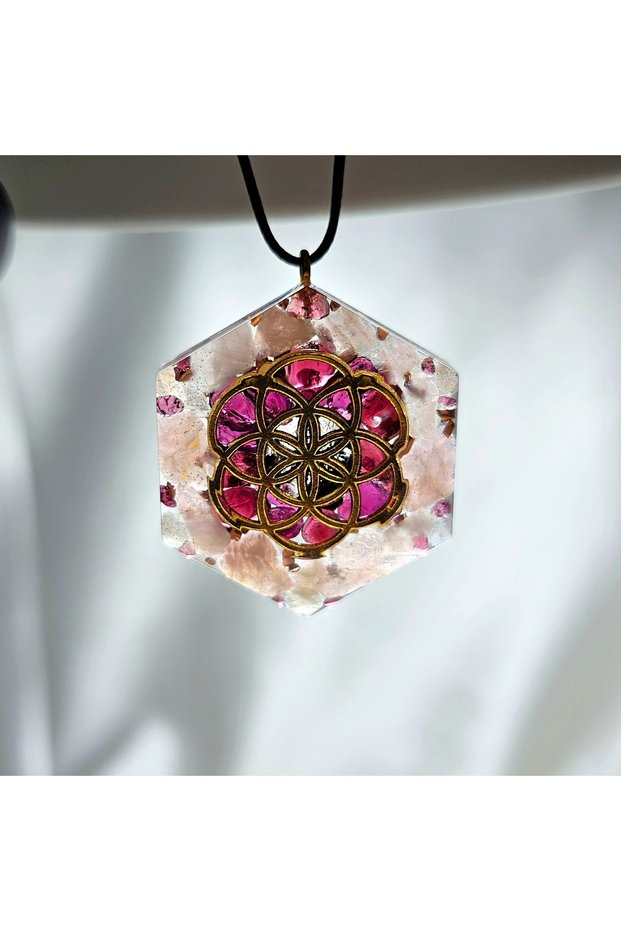 Pink Quartz - Golden Flower of Life Orgonite Necklace (Hand Made Design Products)