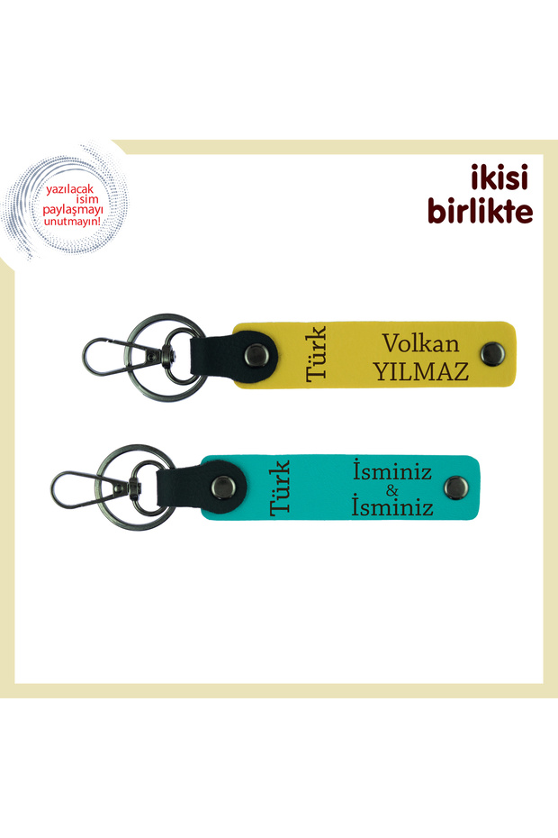 Turkish Text Patterned Anniversary Surprise – Personalized Leather Keychain X2, Yellow-Turquoise