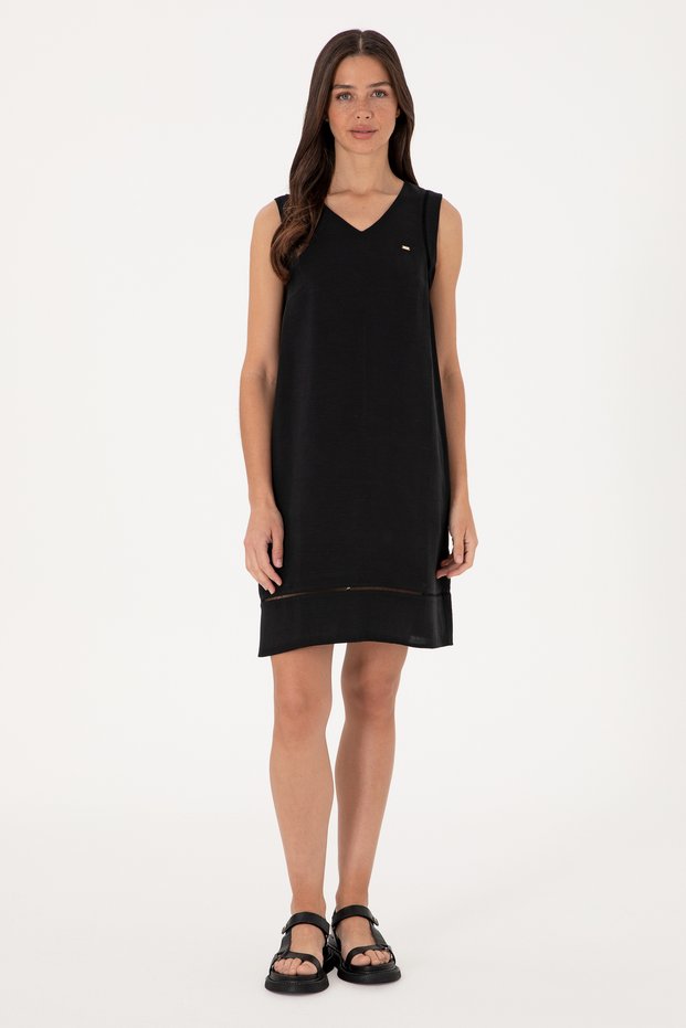 Women's Black Linen Blend Mini Size Woven Dress 50299168-Vr046