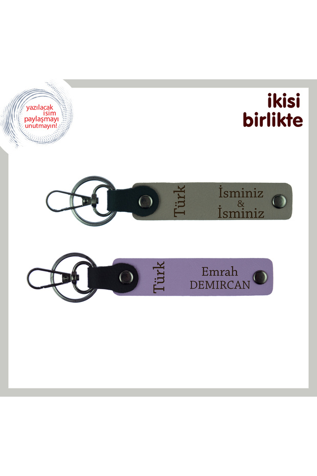 Turkish Text Themed Name Written 2-Piece Keychain, Gray-Purple, Gift from Teacher to Student