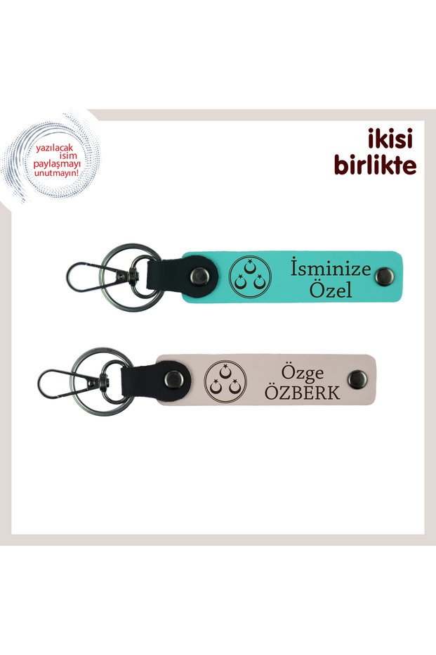 Armağan to Remind the Lover of Eternity – Three Crescent Star Leather Keychain X2, Turquoise-Powder