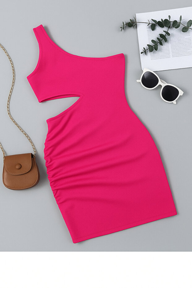 Girl's One Shoulder Low-Cut Detail Mini Strap Dress