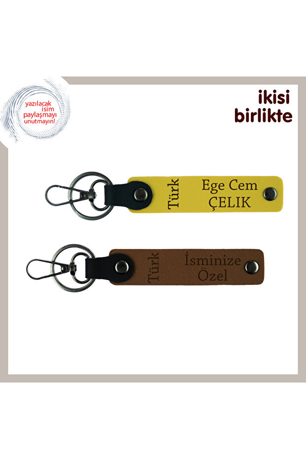 Gift Set X2, Yellow-Brown, Keep Love Alive – Personal Leather Keychain with Turkish Text Pattern