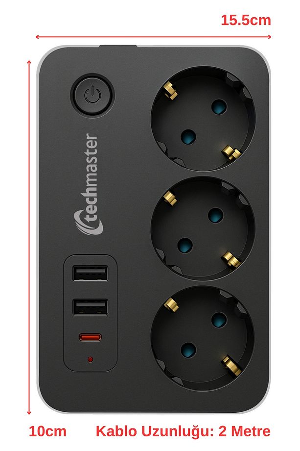 2 Usb + Type-C Akım ve Çocuk Korumalı 3lü Kare Priz 2mt - 5