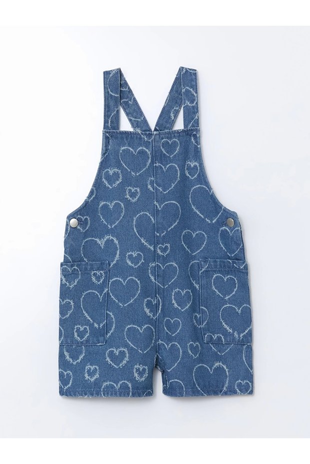 Lcw Kids Indigo Square Collar Printed Girl's Jean Salopet