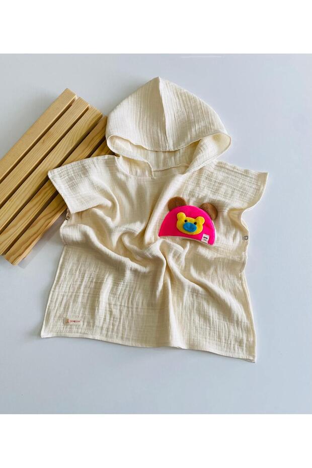 Organic 100% Cotton Muslin Hooded Beach Baby Kids Poncho Bathrobe Bath Towel with Snap Fasteners Teddy Bear