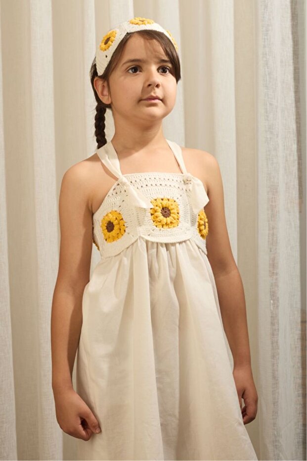 Motifed Strap Summer Girl's Dress White