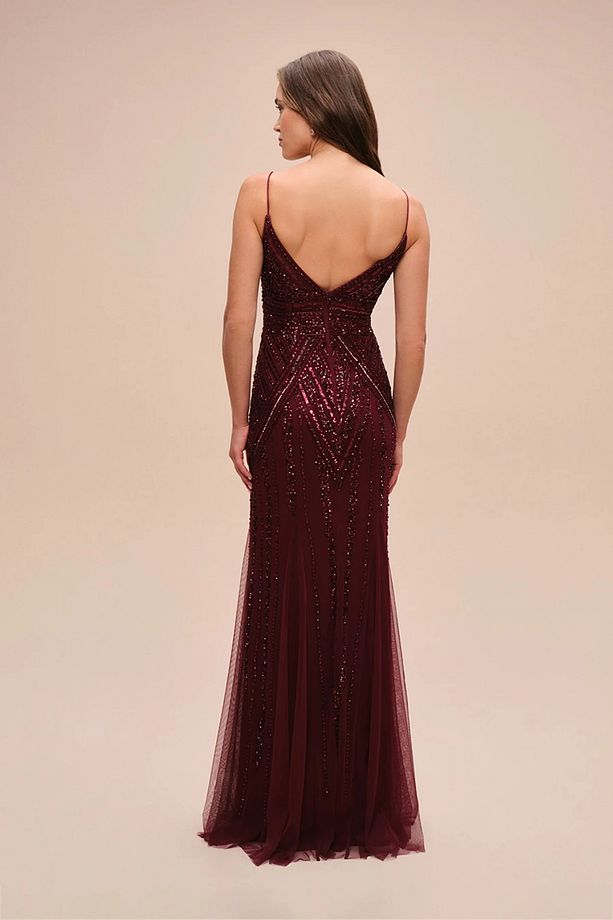 Bordo İnce Askılı Payet İşlemeli Uzun Abiye Elbise 4XLWGIN-6041D - 2