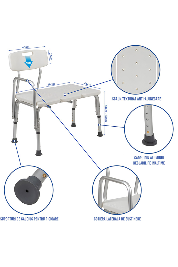 ® Bath Transfer Bench, Adjustable Height, Reversible Backrest & Handle, White - 6