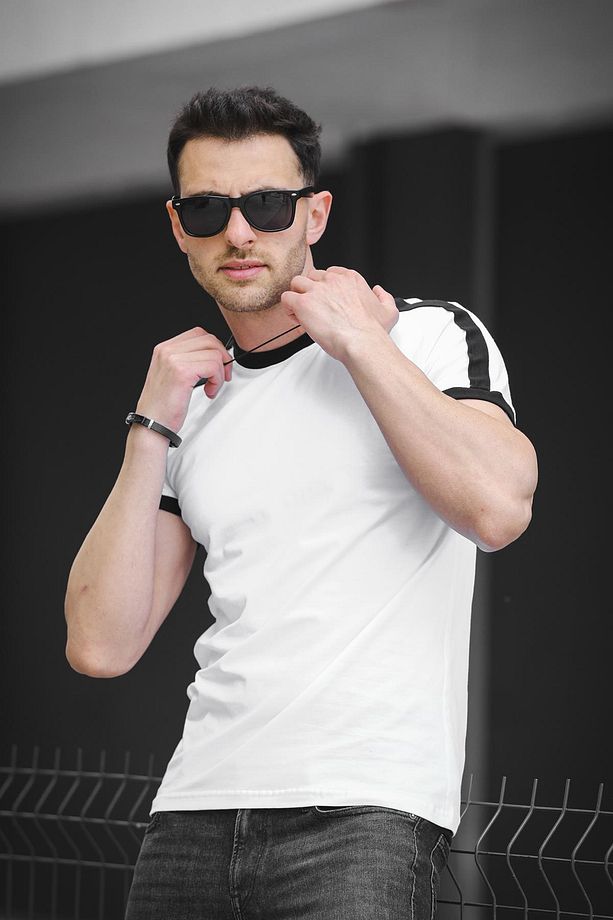Manlima Slim Fit Likralı Esnek Omuz ve Kol Şeritli Erkek Tshirt - 3