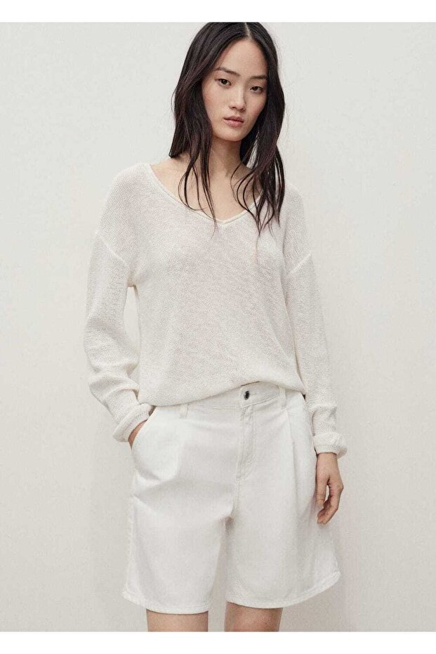 Orta bel pileli denim bermuda şort - 1