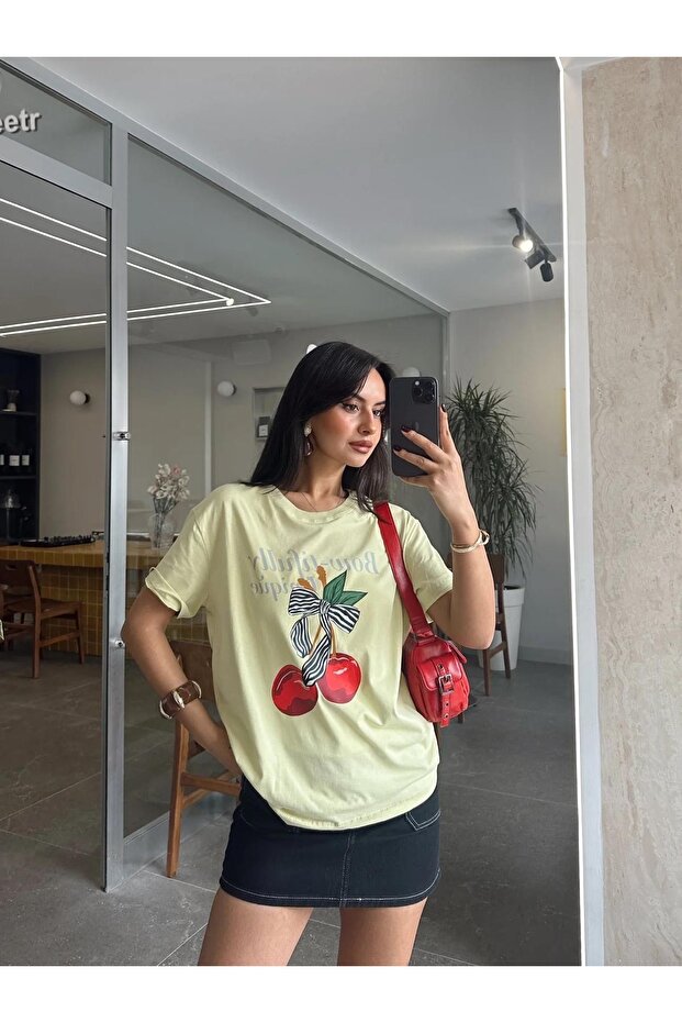 Women's Crew Neck Cherry Printed Oversize Loose Cotton Sthirt Ayd20111