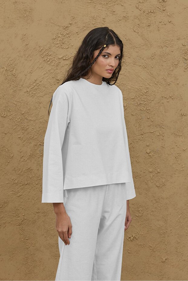 Uzun Kollu Basic Keten Üst Ekru - 3
