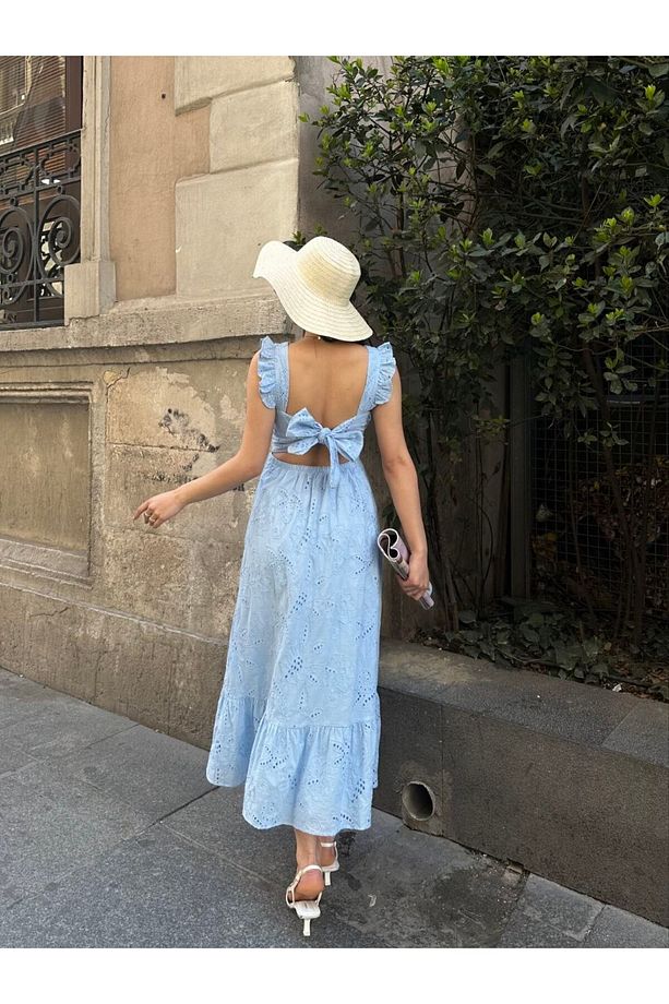 Dantel Midi Elbise Kadın, Fırfırlı Askılı Kare Yaka Şık Yazlık Elbise, Moda - 7