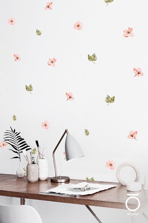 Modern Stil, Dekoratif Sakura Kiraz Çiçeği ve Yaprakları, Ev Dekorasyonu, Şeffaf Duvar Sticker - 1