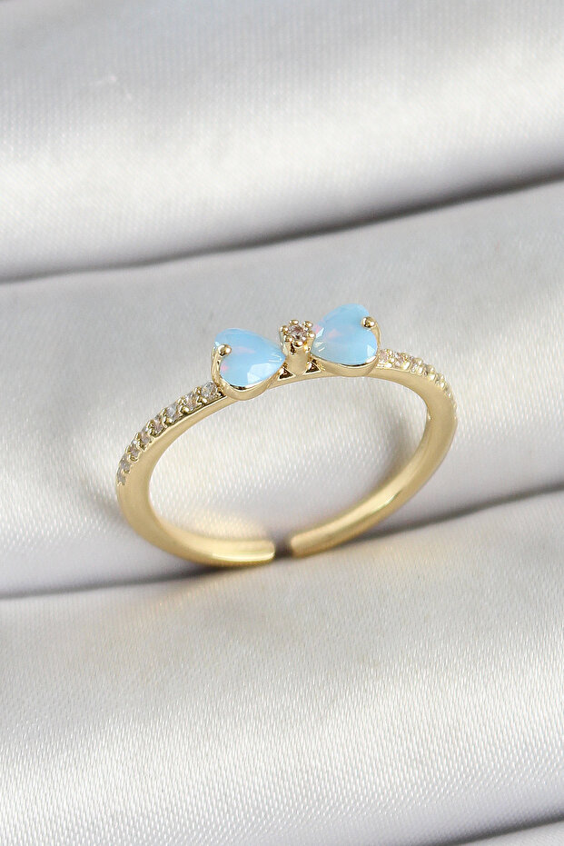 Brass Bow Figured Zircon Stone Gold Color Adjustable Women's Ring Tj-Byk3760