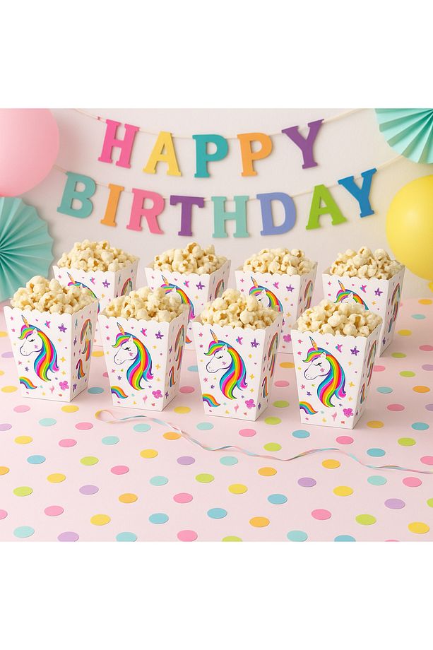 Unicorn Temalı Popcorn Mısır Kutusu | 8’li Doğum Günü Parti Kutusu Seti - 1