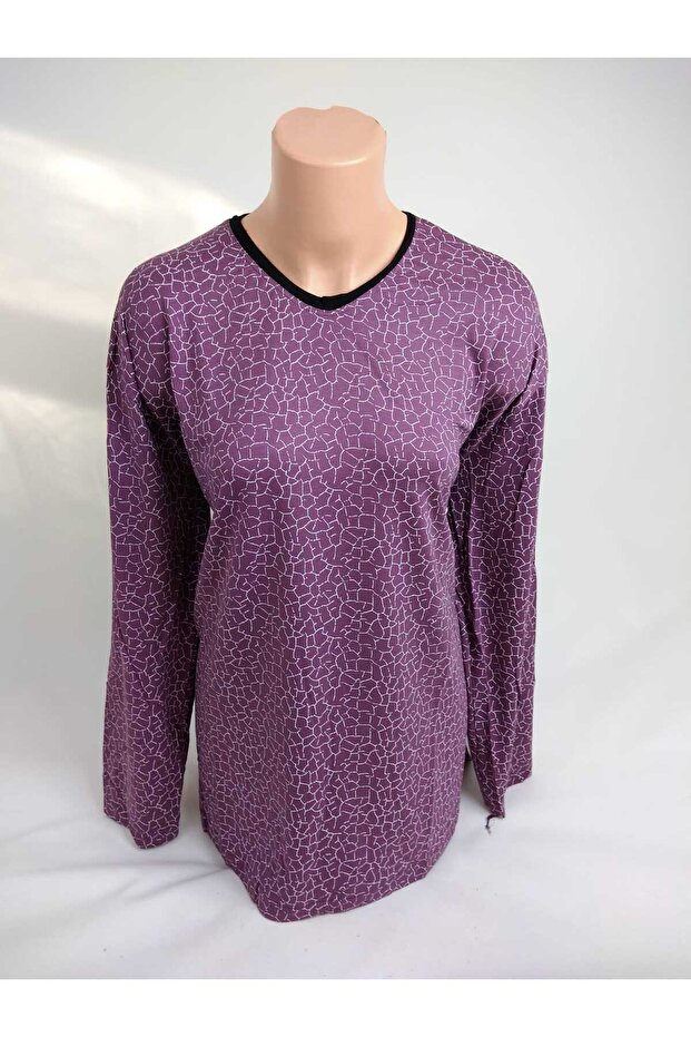 Women's Lilac White U Neck Long Sleeve Patterned Slit Woven Viscose Mother Combed Cotton T-Shirt
