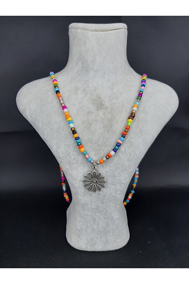 Colorful Beaded Long Necklace – Handmade Jewelry with Flower Figure
