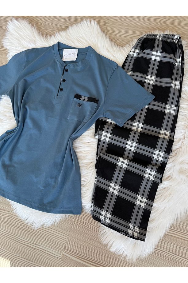 Mavi Ekose Desenli Cep Detaylı Pamuklu Kısa Kollu Erkek Pijama Takımı - 7